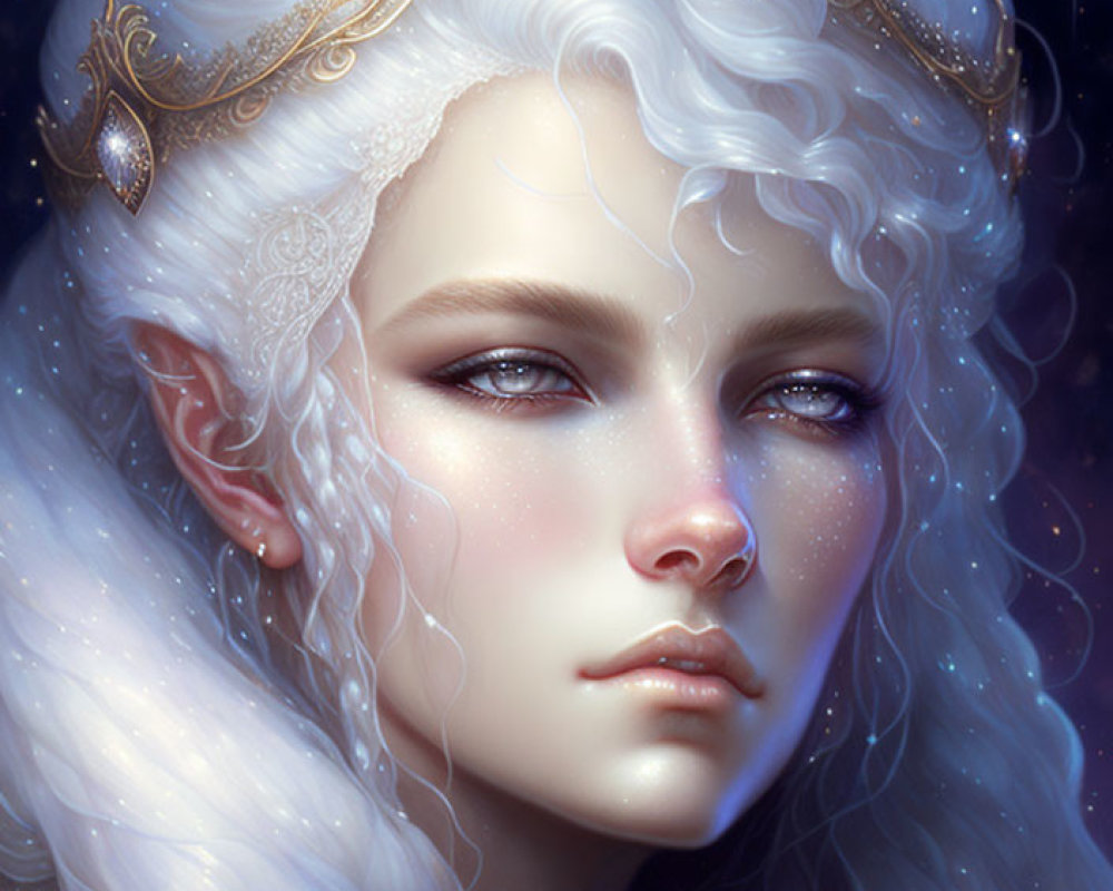 Pale-skinned mystical being with white hair, golden tiara, pointed ears, and starlit background