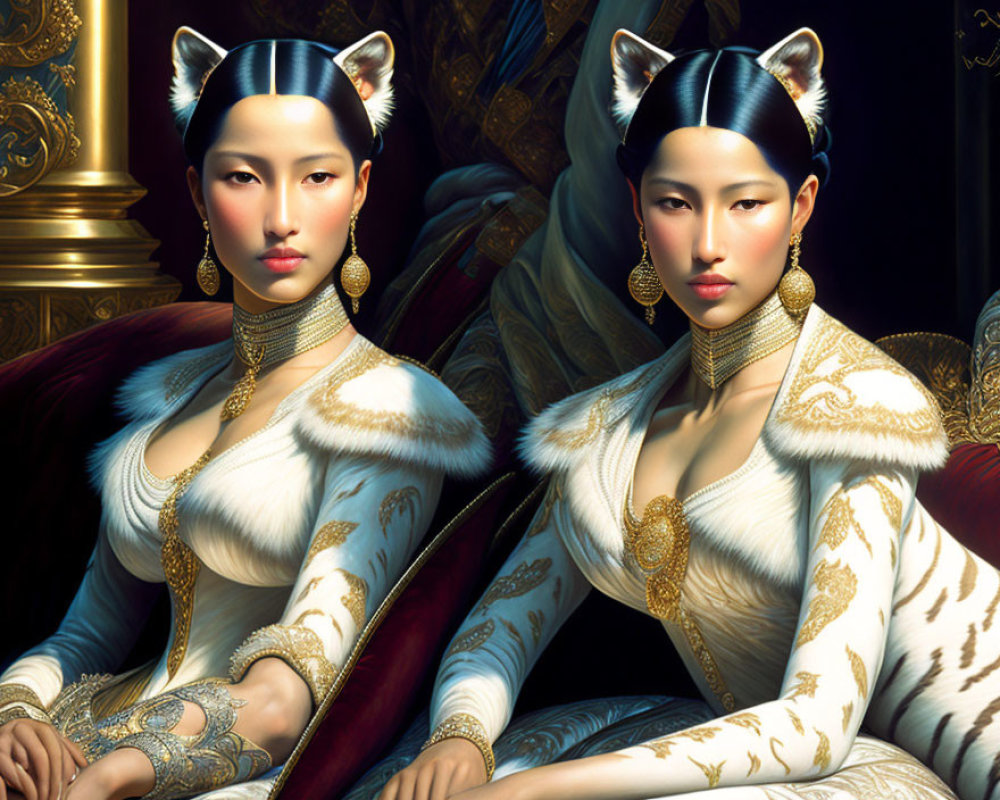 Two female figures with feline features in white and gold attire against opulent backdrop