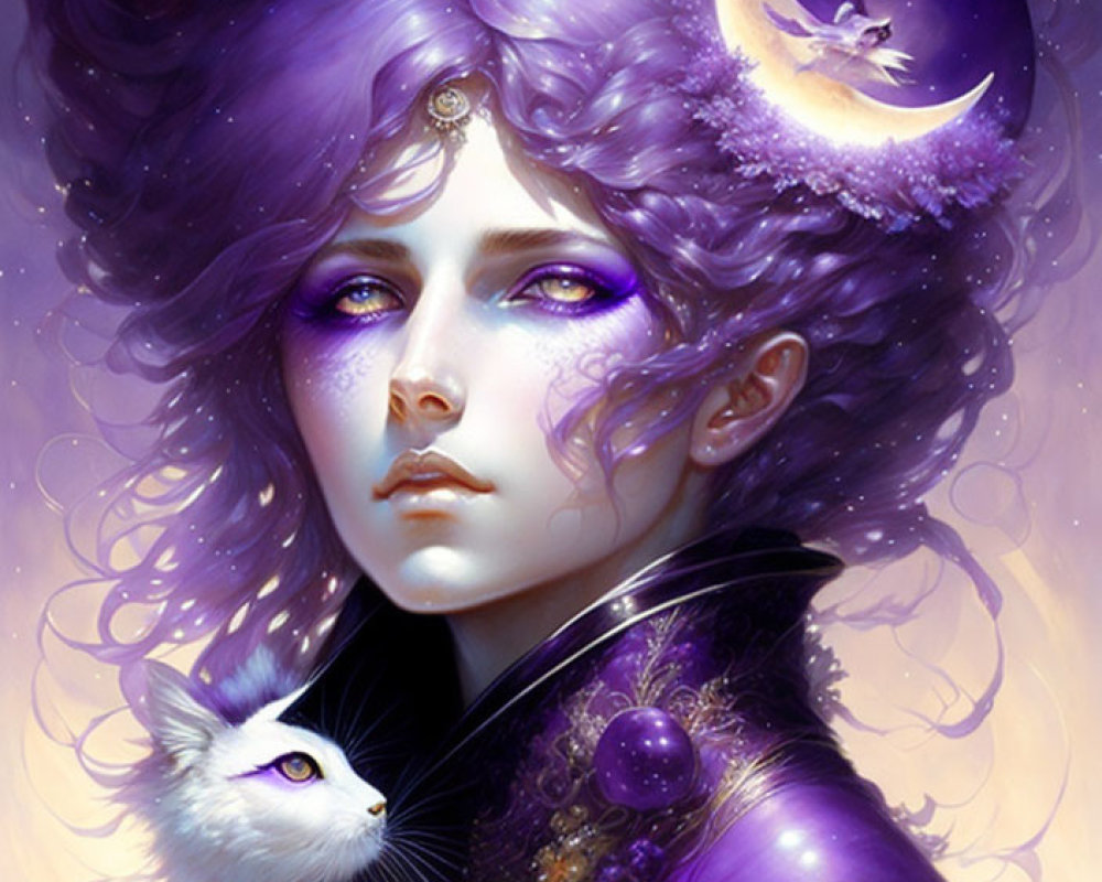 Fantasy portrait of a person with violet hair and eyes, crescent moon, white cat, celestial