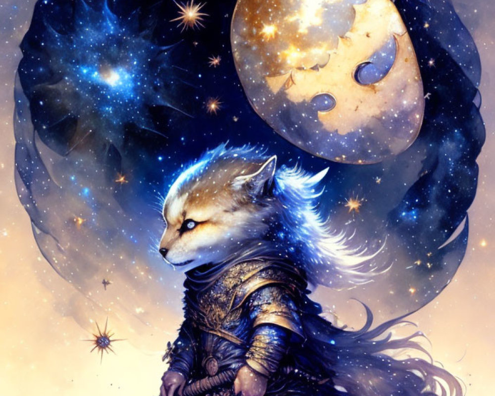 Anthropomorphic fox in armor with sword under cosmic sky