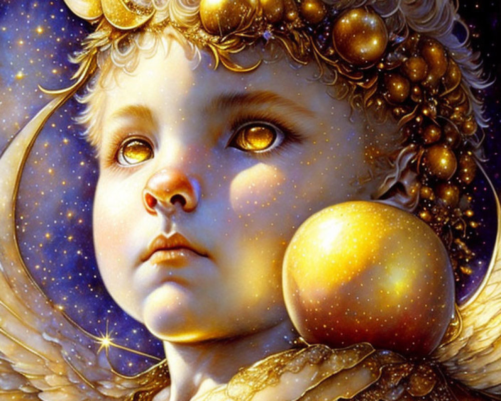 Golden-haired cherub with celestial motifs and golden apple in rich gold and blue tones