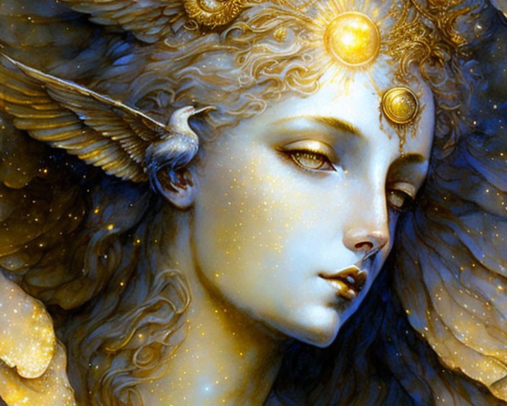 Ethereal female figure with golden eyes and celestial headgear in warm, gold light