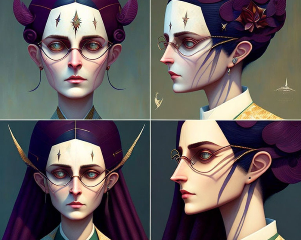 Four digital portraits of a female character with purple hair, elaborate headdress, star tattoo, glasses,