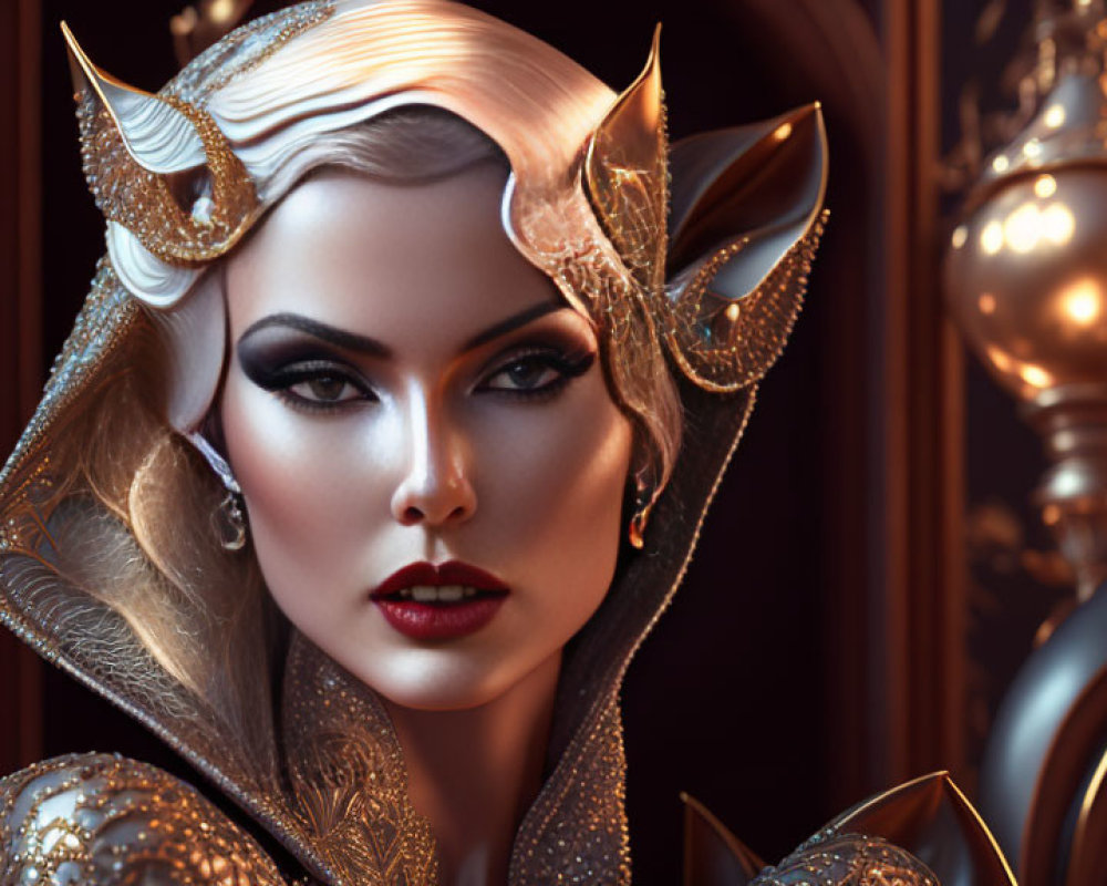 Elf-like woman in golden armor against dark backdrop