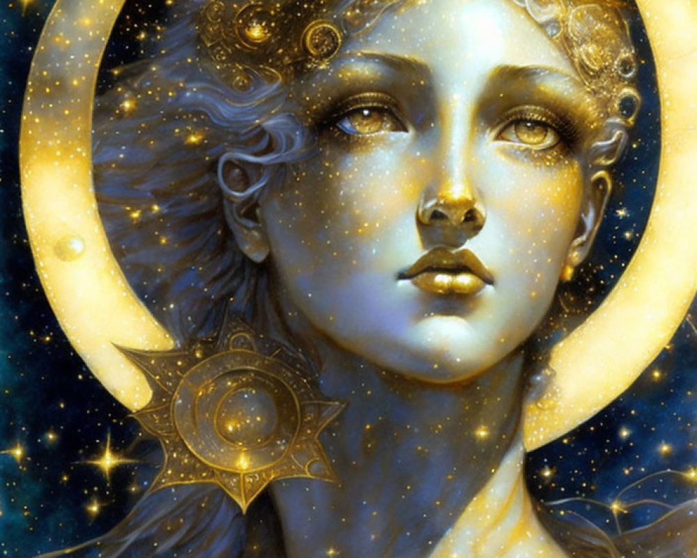 Celestial woman with moon and stars in cosmic aura