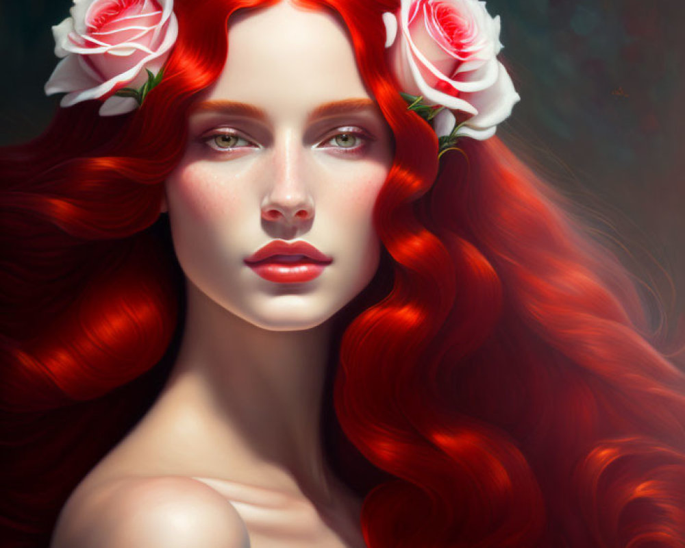 Portrait of Woman with Vibrant Red Hair and Roses in Hair