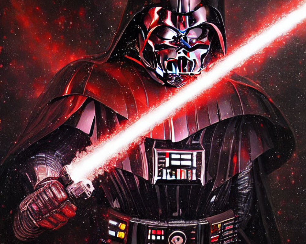 Sith Lord with red lightsaber in cosmic setting