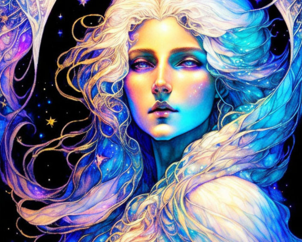 Mystical Woman with White Hair Surrounded by Stars and Blue Shades