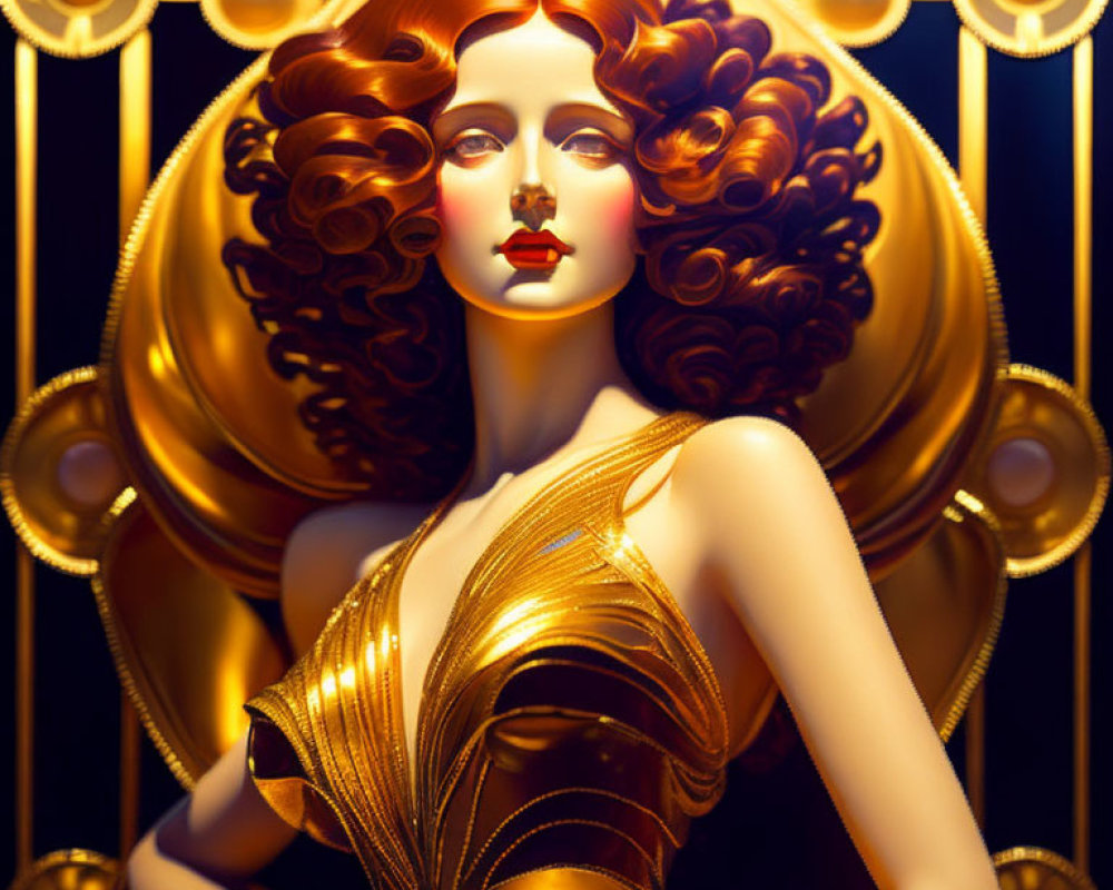 Stylized illustration of woman with auburn hair and golden attire in art deco setting