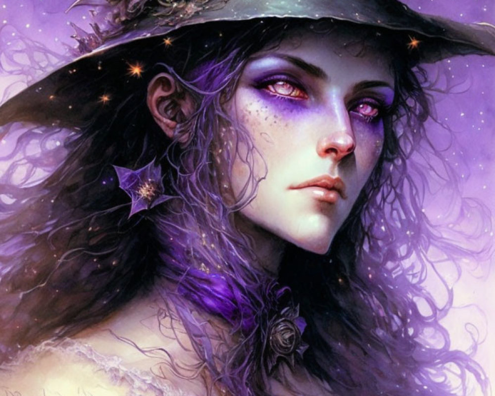 Purple-skinned mystical female figure with starry eyes and violet hair in celestial-themed hat on cosmic background