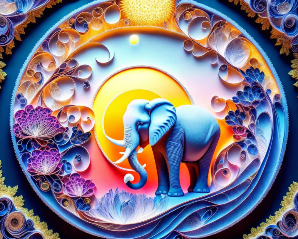 Colorful Stylized Blue Elephant Artwork on Ornate Background