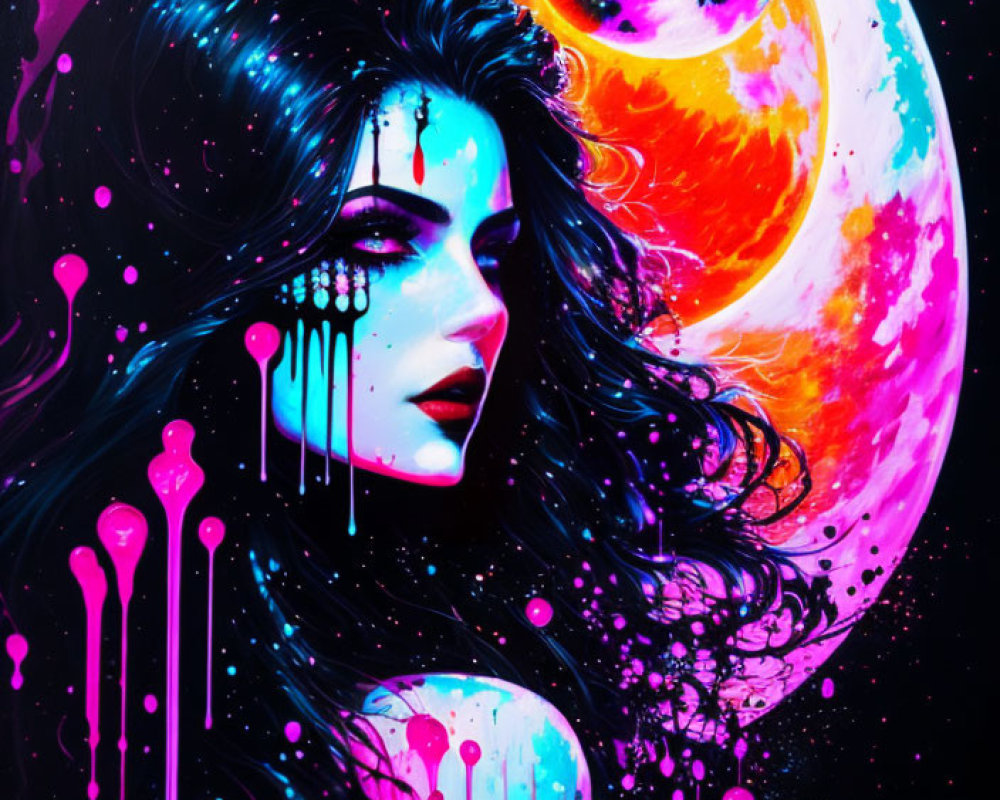 Colorful Illustration: Woman with Flowing Hair and Cosmic Moon