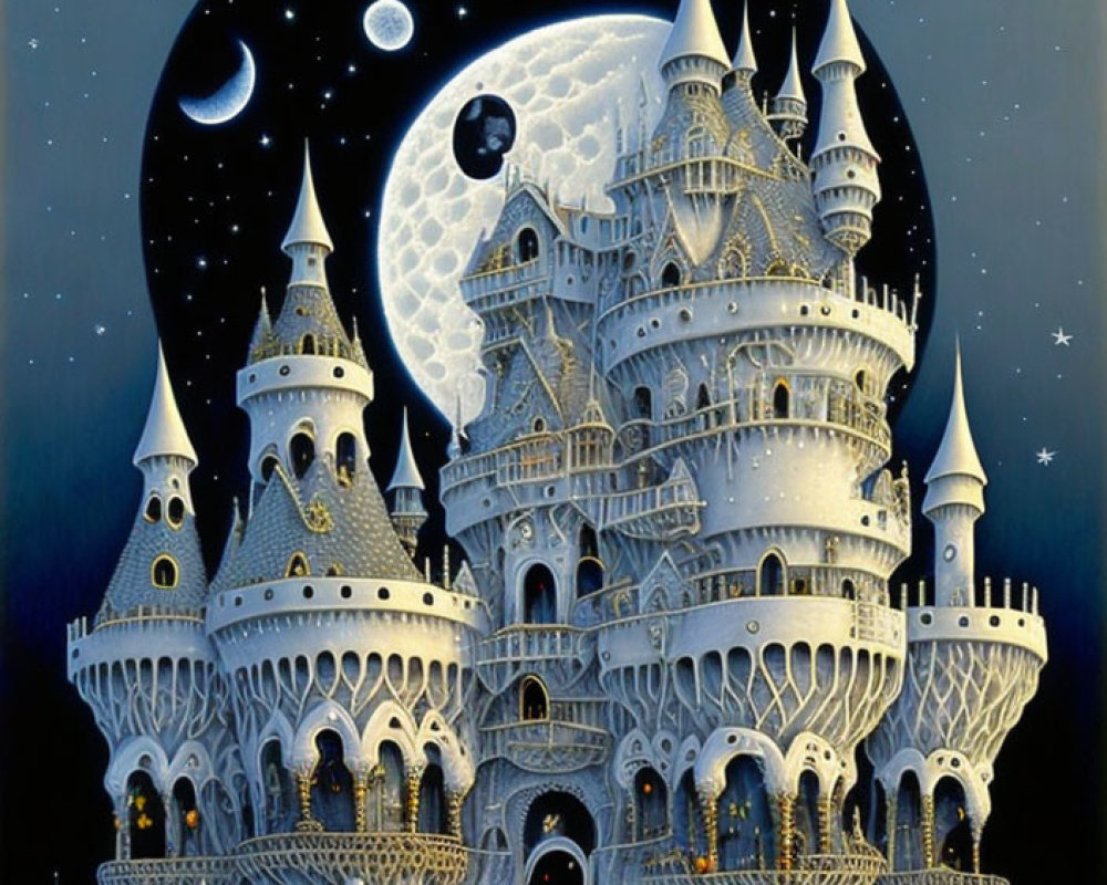 Majestic castle with spires on snowy hills under starry night sky