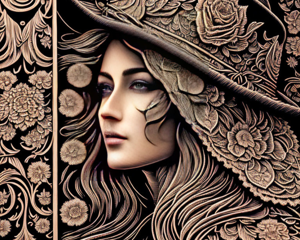 Detailed artwork of woman with floral patterns and wide-brimmed hat