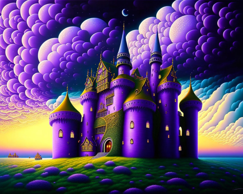 Fantasy castle with purple and yellow tones under a night sky