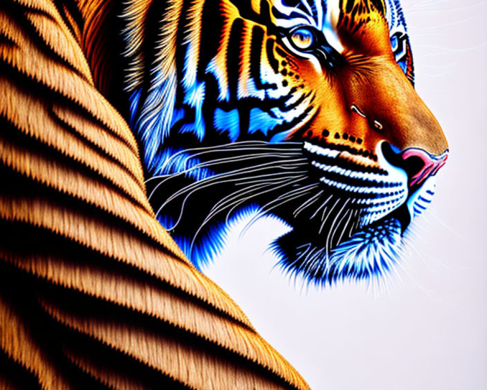 Colorful Tiger Illustration with Bold Stripes on White Background