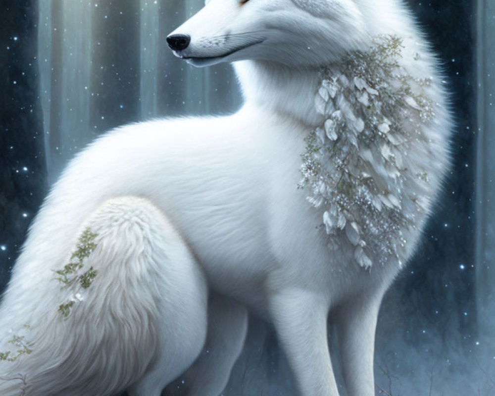 White fox perched on snowy branch in forest, frost-covered coat, gazing afar