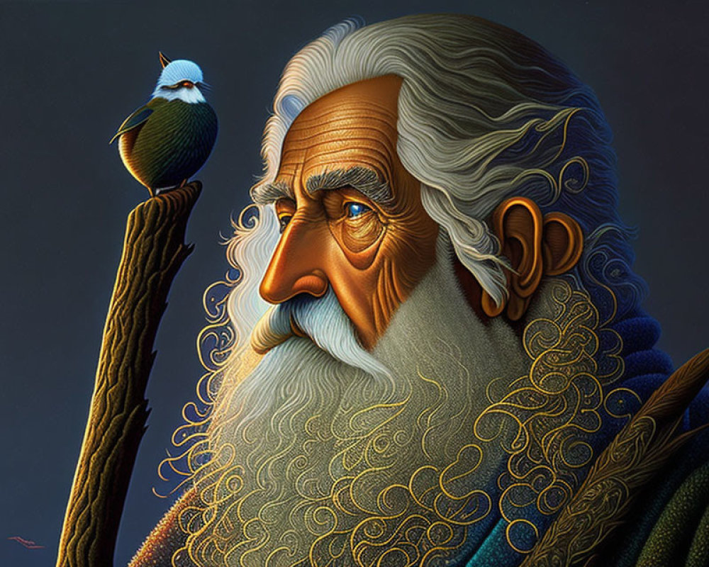 Elderly man with ornate beard and bird staff on dark background