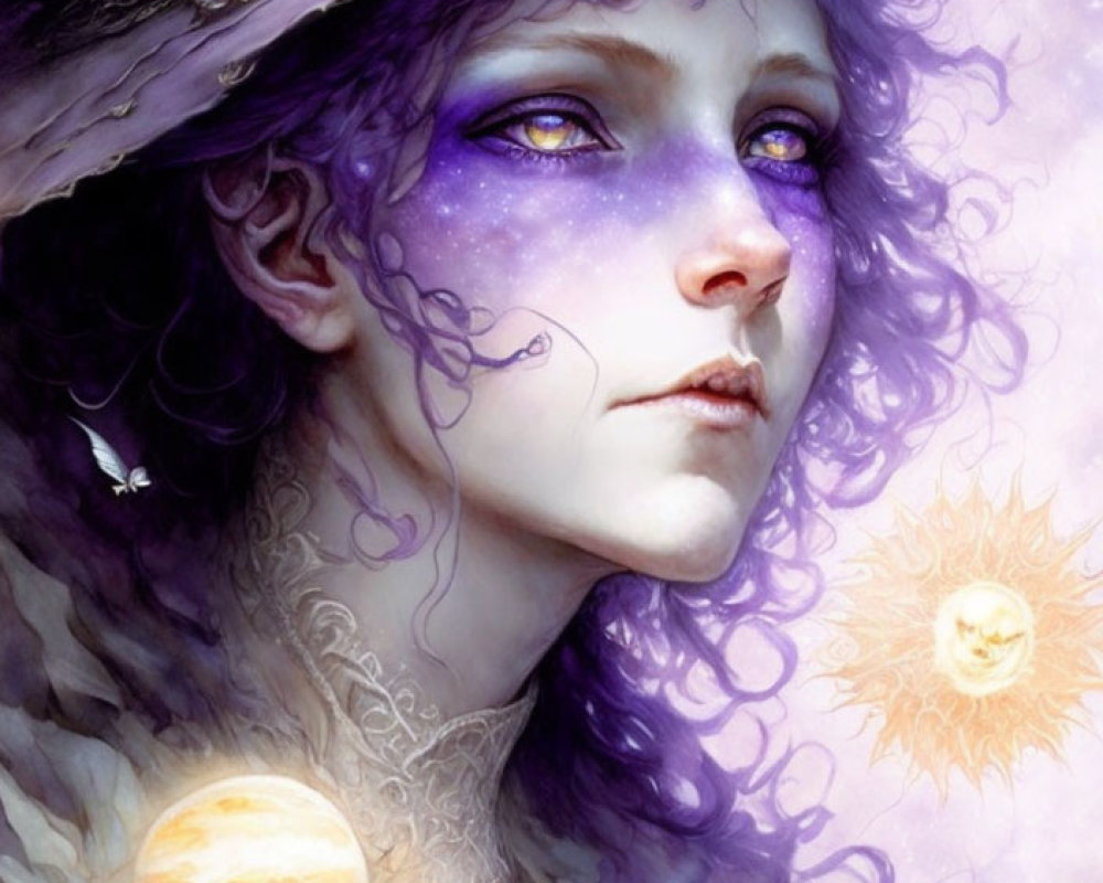 Fantastical portrait of a person with purple tones, starry eyes, hat, celestial bodies.