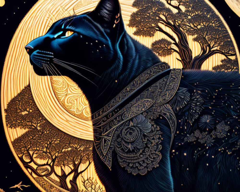 Black cat with chest patterns on starry sky backdrop.