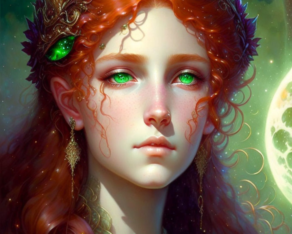 Fantasy Artwork: Female with Elf-like Ears, Green Eyes, Red Hair, Crown,