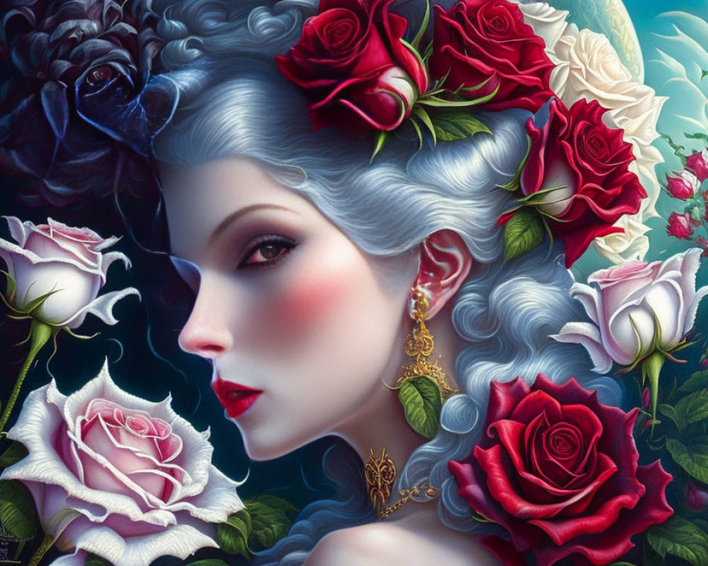 Digital artwork featuring a woman with silver hair and red roses in a dark blue floral setting