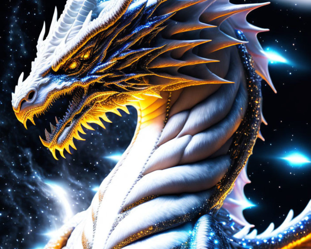 Majestic dragon with metallic scales and glowing blue eyes in cosmic setting