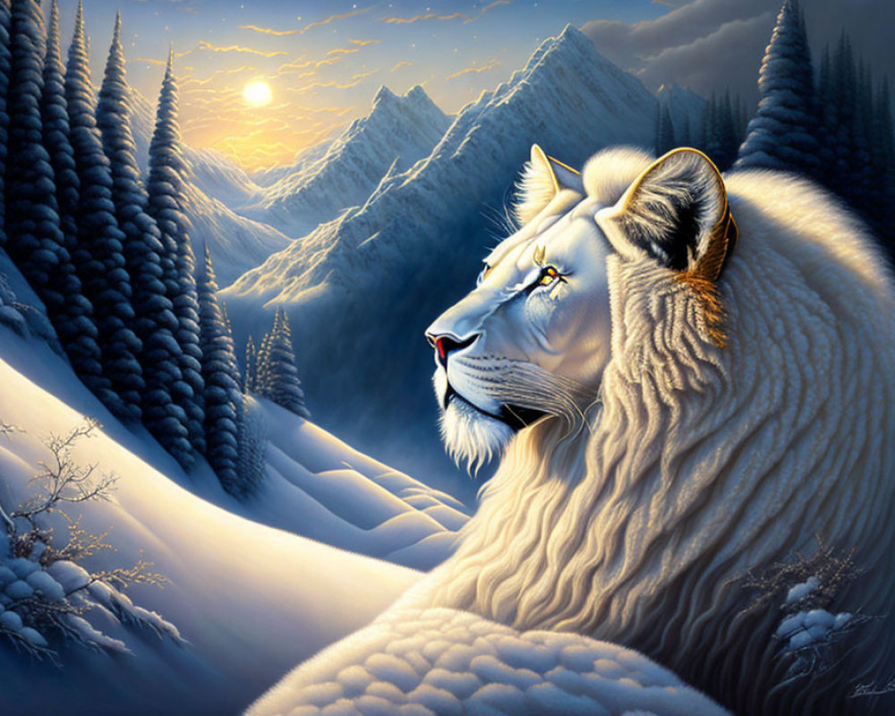 Majestic white lion's face merges with snowy mountain landscape at sunset