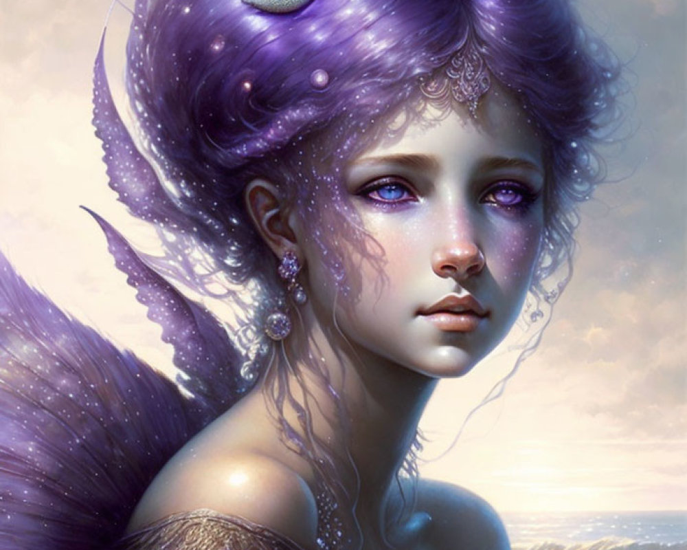 Purple celestial fantasy portrait of a woman with moon motifs and flowing hair