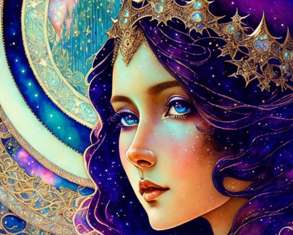 Illustrated portrait of mystical woman with cosmos hair and golden tiara in celestial city backdrop