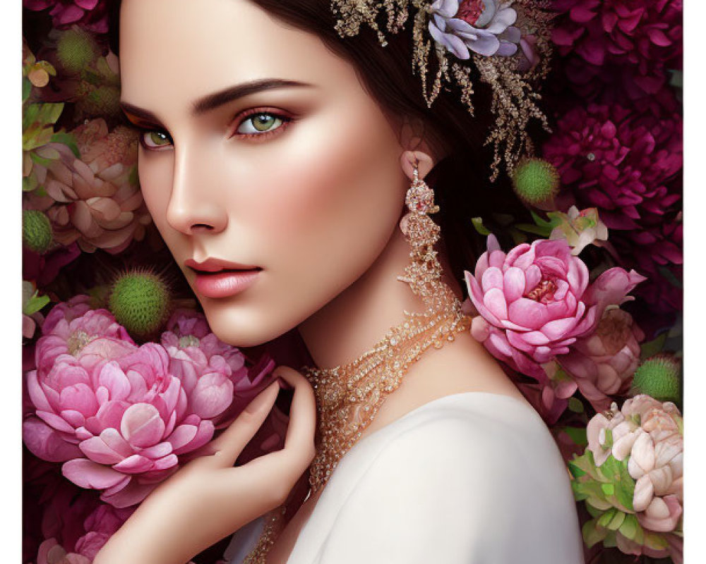 Detailed digital portrait of woman with floral headpiece and vibrant pink flowers, elegant jewelry.