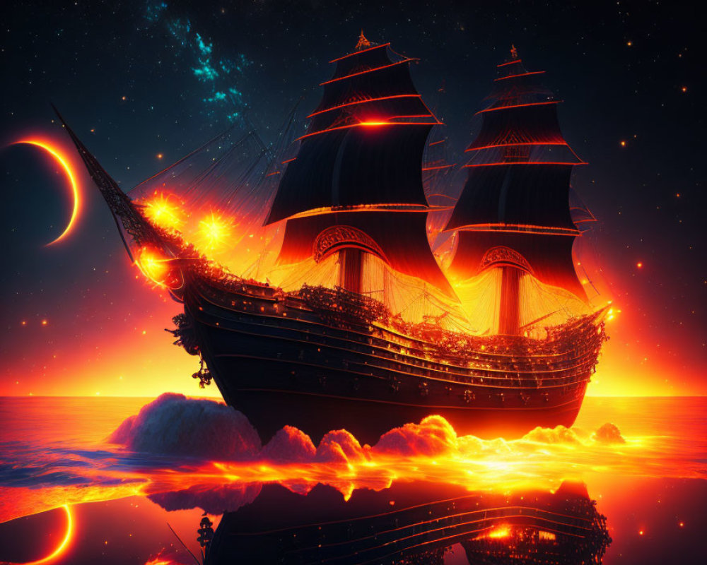 Sailing ship on fiery orange sea under crescent moon