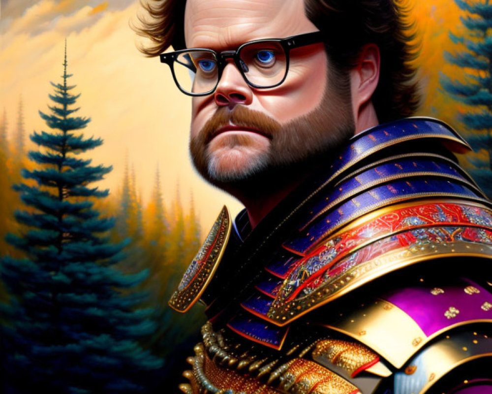 Bearded man in colorful armor with glasses against sunset backdrop