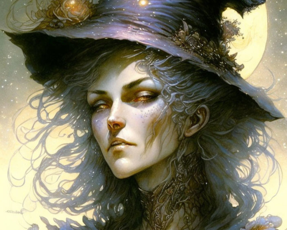 Fantasy portrait of a woman in starry witch's hat and cosmic attire