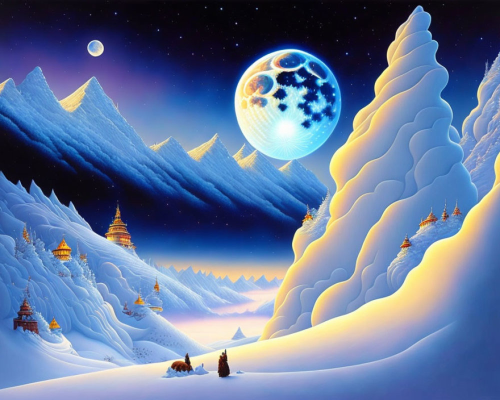 Snowy Night Landscape with Moon, Towers, and Camels