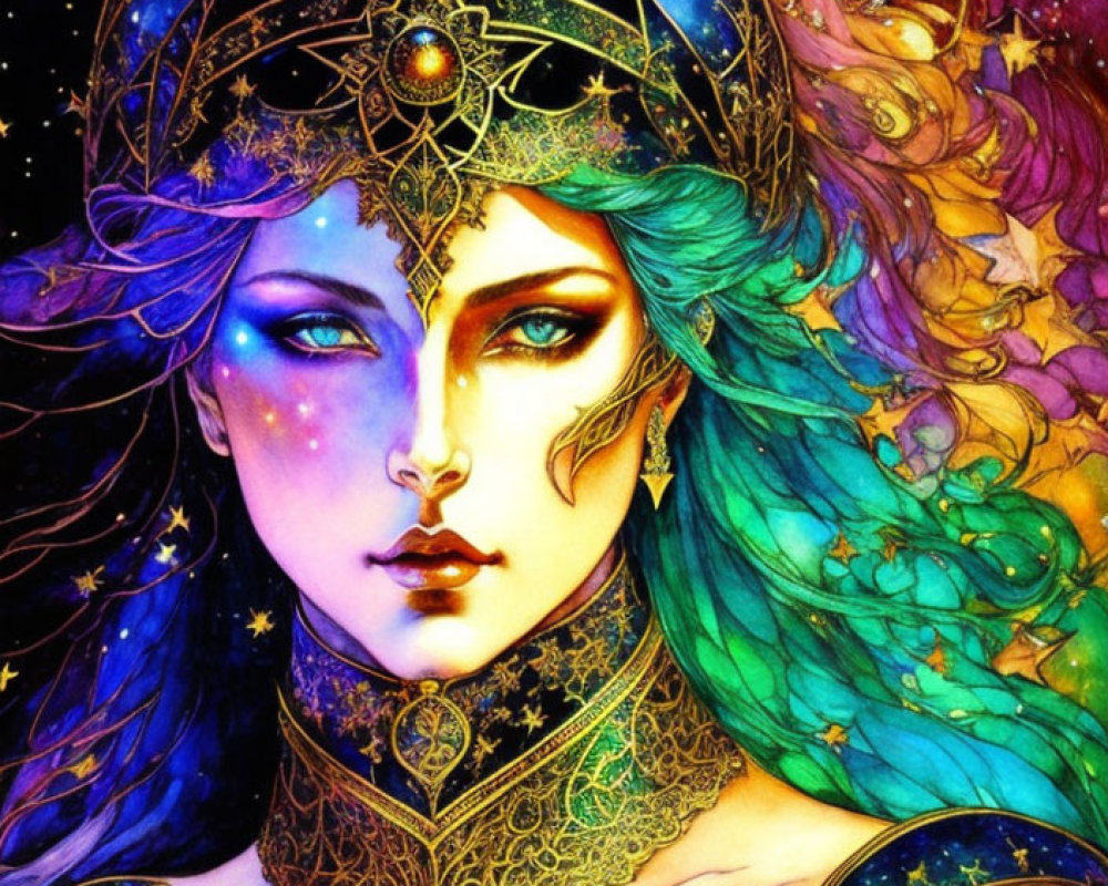 Colorful illustration of mystical woman with celestial hair and golden jewelry