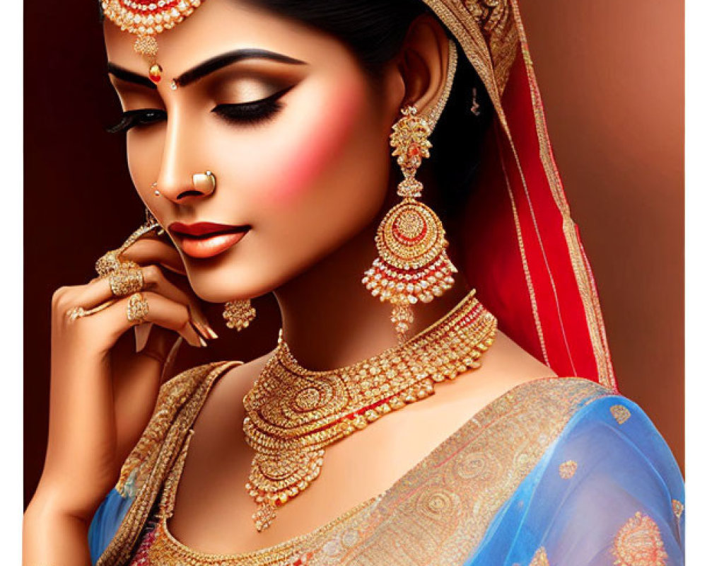 Traditional Indian Bridal Attire with Gold Jewelry, Blue and Red Saree, and Henna