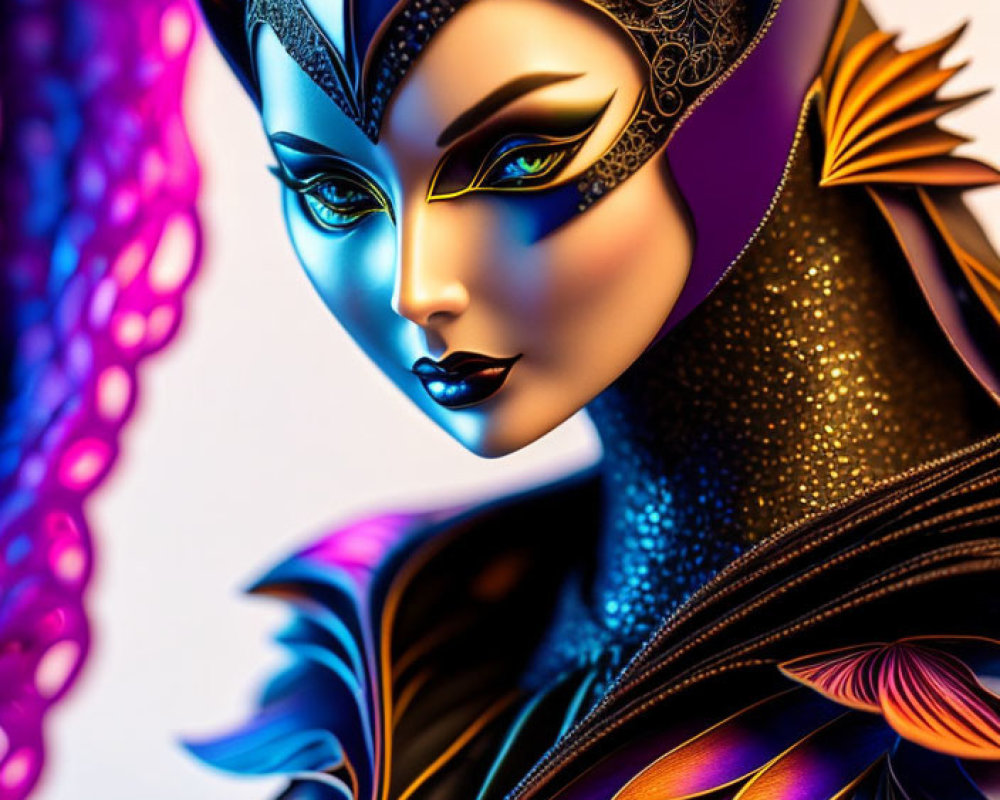 Colorful Stylized Female Figure with Cat-Like Appearance and Metallic Textures