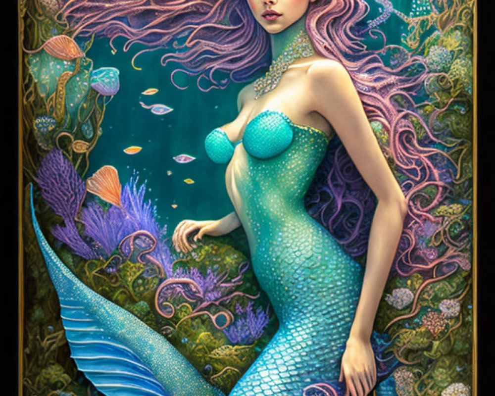 Vibrant Illustration of Mermaid with Pink Hair and Green Tail