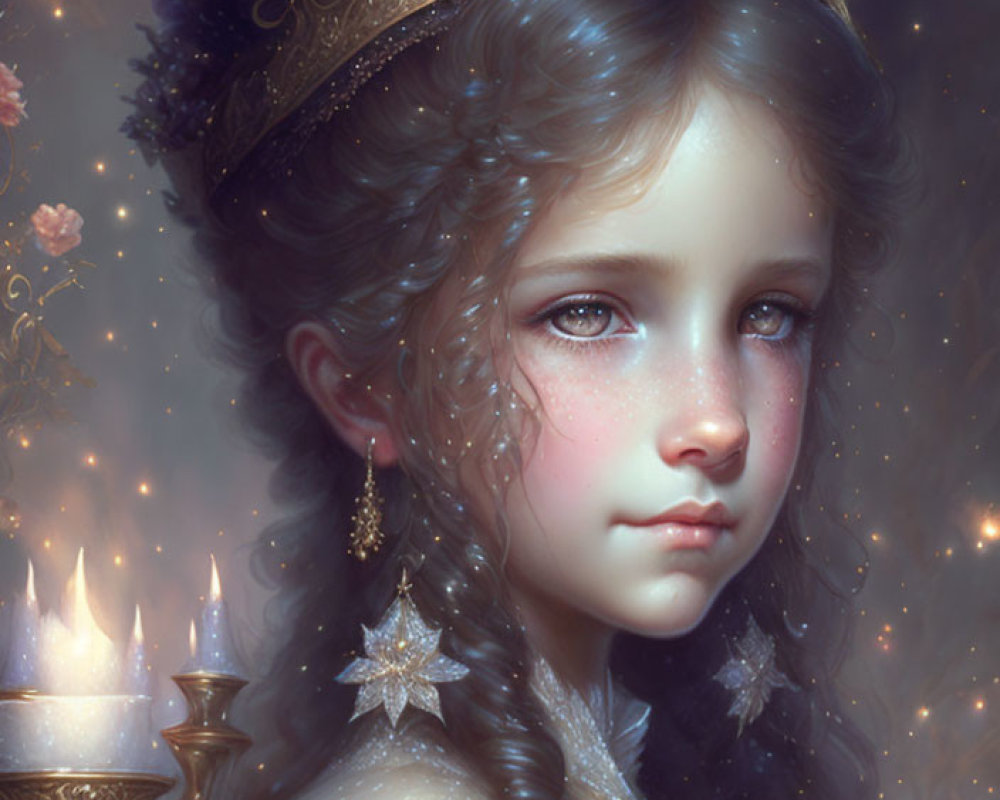 Digital art portrait of young girl with blue eyes, curly hair, golden tiara, elegant dress,