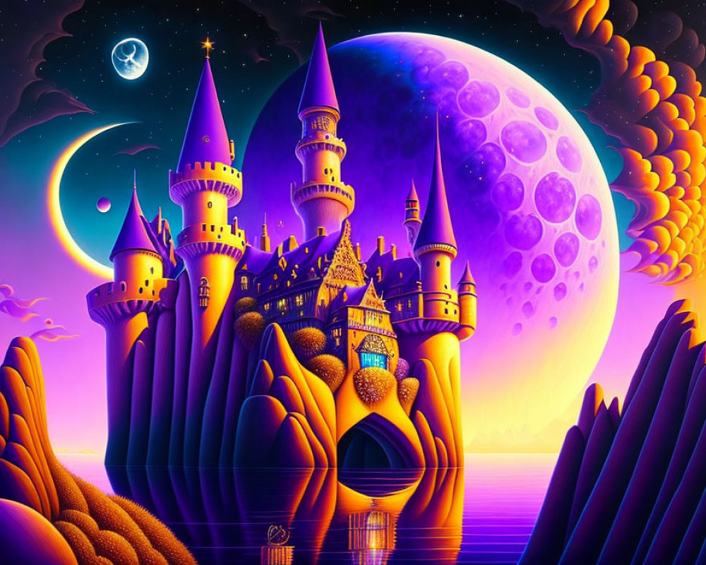 Fantasy castle with towering spires under a purple moon