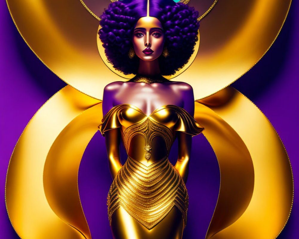 Illustration of woman with purple hair, golden armor, & mystical halo in purple & gold tones