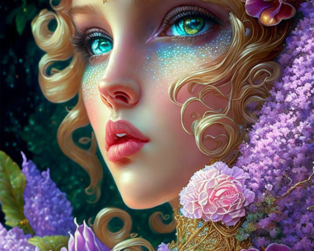 Digital portrait of woman with blue eyes and jewel accessories amidst purple flowers