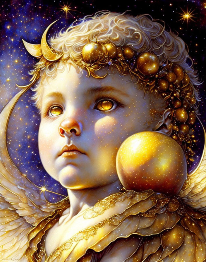Golden-haired cherub with celestial motifs and golden apple in rich gold and blue tones