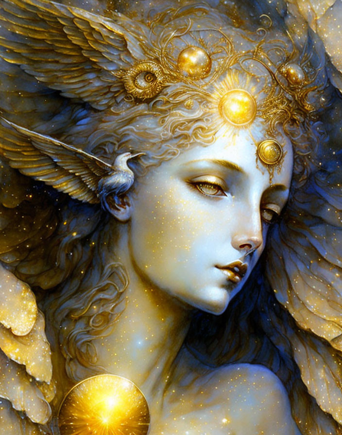 Ethereal female figure with golden eyes and celestial headgear in warm, gold light