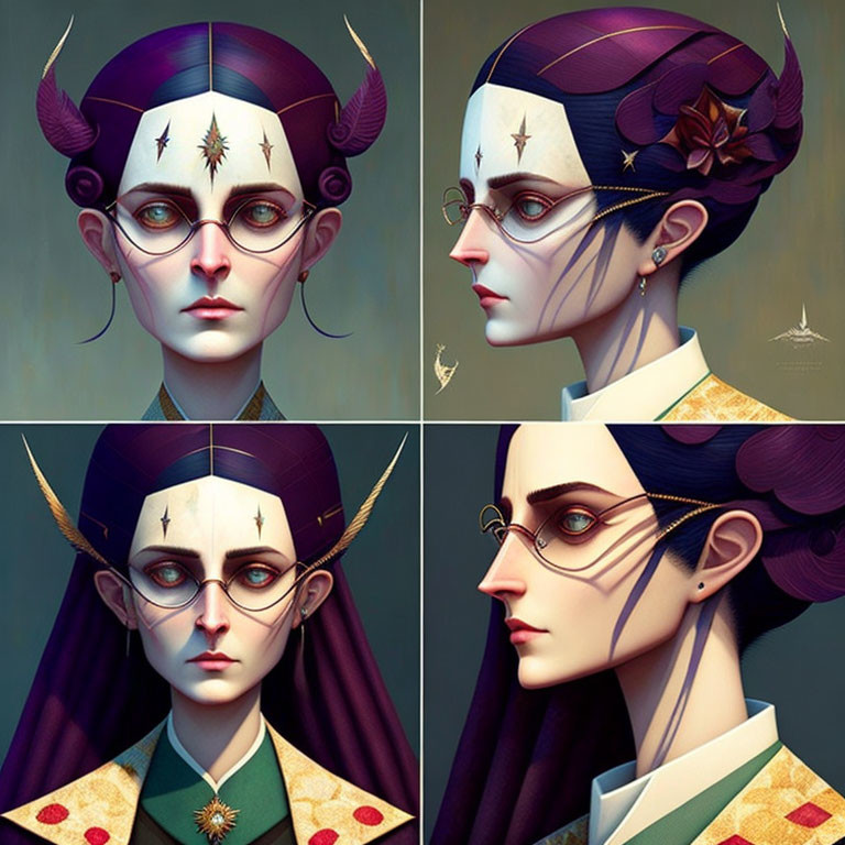 Four digital portraits of a female character with purple hair, elaborate headdress, star tattoo, glasses,