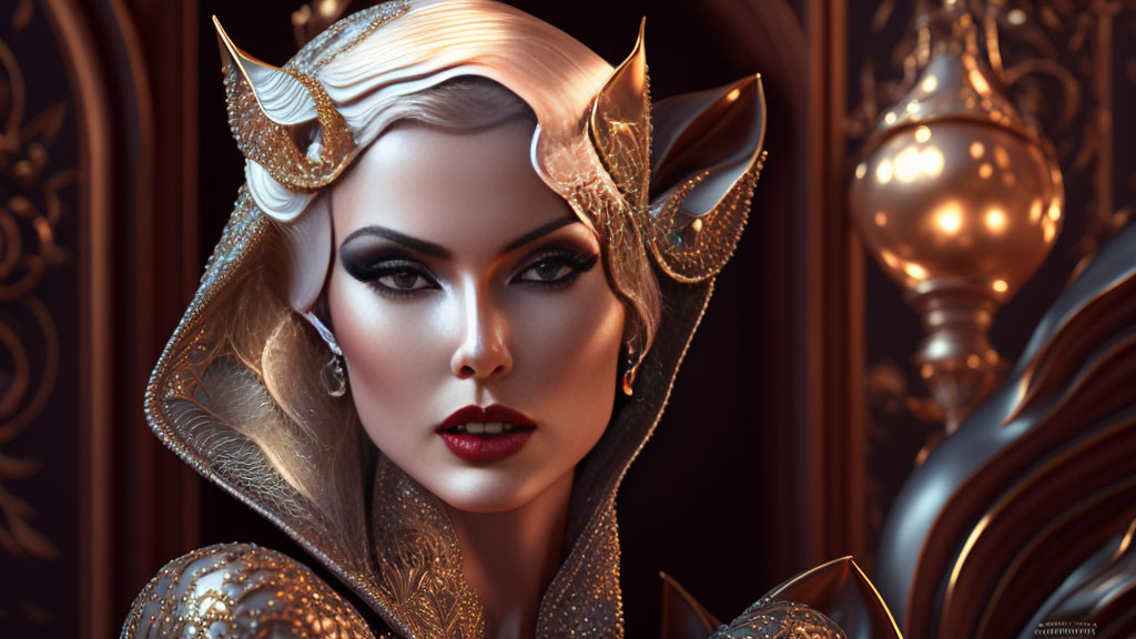 Elf-like woman in golden armor against dark backdrop