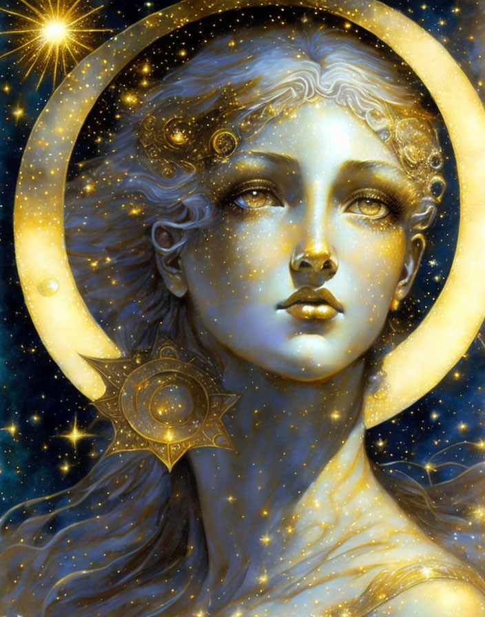 Celestial woman with moon and stars in cosmic aura