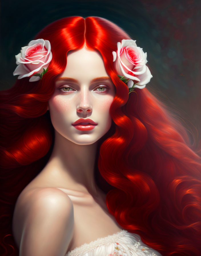 Portrait of Woman with Vibrant Red Hair and Roses in Hair