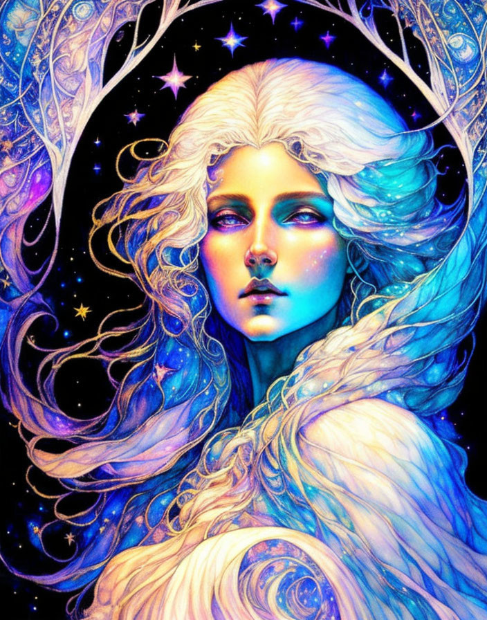 Mystical Woman with White Hair Surrounded by Stars and Blue Shades